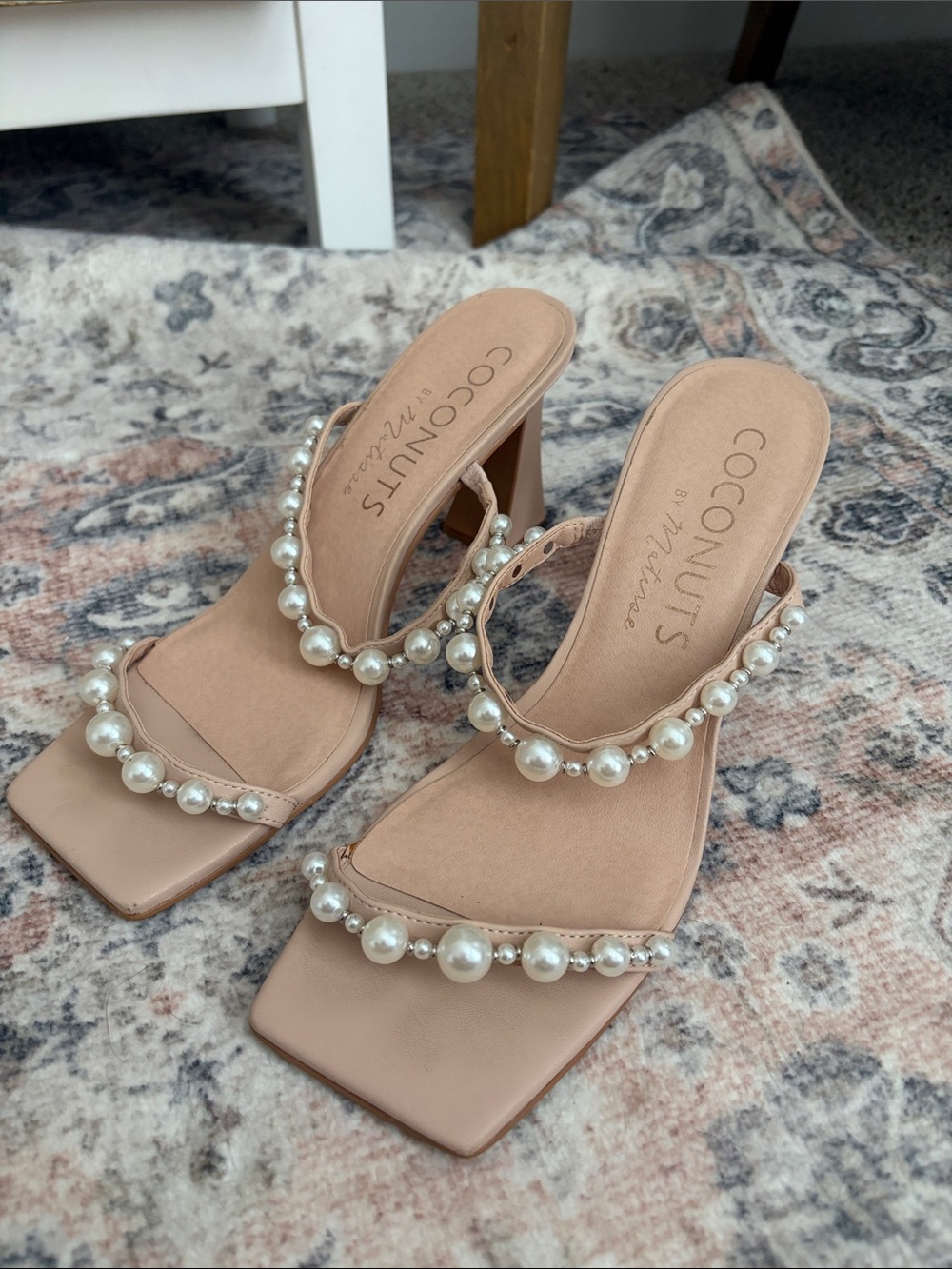 Coconuts by Matisse Blush Pearl-Embellished Square Toe heels